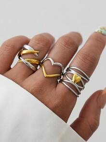 Uself 3pcs/1pc 18K Gold Plated 304 Stainless Steel Dual-Tone Heart Twist Rings Set, Polished Intertwined Open Rings, Daily, Party, Holiday Gift For Women - Multicolor - View 7