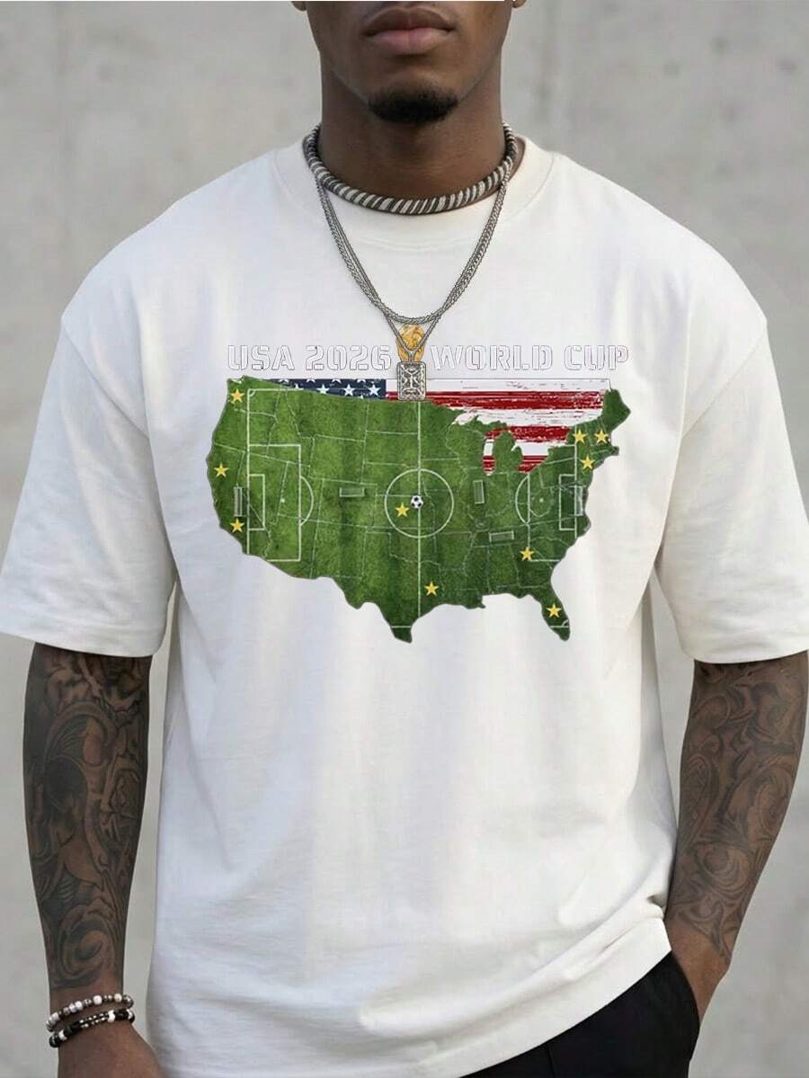FIFA USA 2026 World Cup Themed Men's T - Shirt With Soccer Field Map Print, 100% Cotton Breathable Comfortable Essential For Cheering On Your Team - trắng - Xem 1