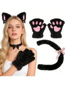 Cat Cosplay Costume - 2/3/4 Pcs Cat Ears Tail Set With Collar, Paws And Gloves, Cat Cosplay Costume Accessories, Kitten Ears, Collar, Tail, Paws Or Women Girls Halloween Dress Up - A - View 6
