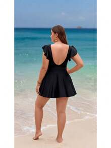 1pc 2026 Women's Plus Size Cute Elegant Knitted Fabric Scoop Neck High Waist Backless Leopard One Piece Bathing Suit,Suitable For Beach Vacations - TD-J548-01黑色 - 查看 2