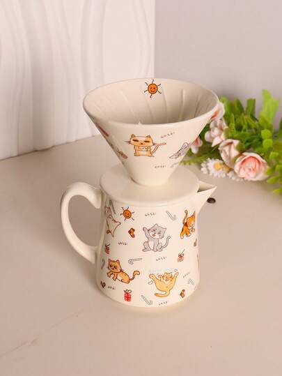 1 Set Creative Cute Cat Pattern Ceramic Hand Drip Coffee Pot, High-End Hand Drip Coffee Pot Ceramic, Sharing Pot Extraction Filter Cup Coffee Tools Set For Home Use, Reusable Coffee Filter, Home Coffee Pot, Hand Drip Filter Coffee Maker, Gold-Plated Ceramic Set, American Coffee