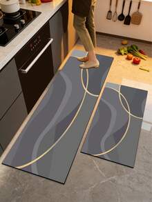 1pc Silica Gel Kitchen Floor Mat, Luxury Abstract Line Pattern, Deep Gray Base With Interwoven Dynamic Golden Arched Lines And Layered Wavy Textures, Creating A Simple Yet Elegant Aesthetic. Suitable For Kitchen, Bathroom, Entryway, Laundry Room, Bedroom, Living Room And Other Decor Scenarios. - Multicolor - View 1