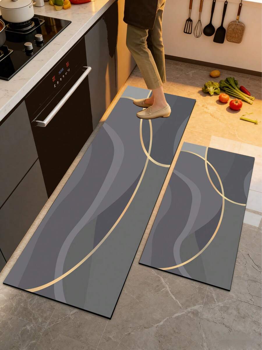 1pc Silica Gel Kitchen Floor Mat, Luxury Abstract Line Pattern, Deep Gray Base With Interwoven Dynamic Golden Arched Lines And Layered Wavy Textures, Creating A Simple Yet Elegant Aesthetic. Suitable For Kitchen, Bathroom, Entryway, Laundry Room, Bedroom, Living Room And Other Decor Scenarios. - Multicolor - View 1