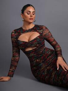 优雅印花镂空网纱女士晚礼服，适合派对、正式晚宴、时尚活动、摄影、夜间活动、婚礼度假派对等场合。 - 棕色 - 查看 11