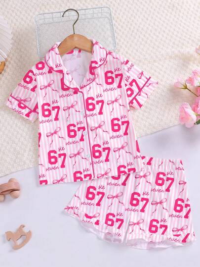 2pcs/Set Toddler & Little Girls' Cute Bright Pink Pajama Set, Featuring Bow, Number 67 Print, Collar Button Short Sleeve Top + Elastic Waist Loose Shorts, Soft & Breathable Fabric, Fashionable All-Season Sleepwear Set