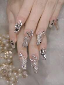 Elevate Your Nail Game Instantly With 30 Pcs Medium Long Coffin French Nude Butterfly Rhinestone Glitter Press-On Nails, Complete With 1 Jelly Glue And 1 Nail File. Perfect For Parties, Dances, And Daily Casual Wear, These Are Removable And Reusable. Press-On Nails, Nail Supplies, Nails - Multicolor - View 7