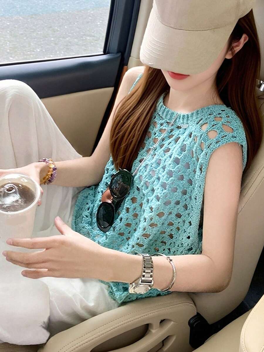 Alicedudu 女士休闲镂空无袖针织上衣，适合夏季海滩度假穿着 - 薄荷綠 - 查看 1