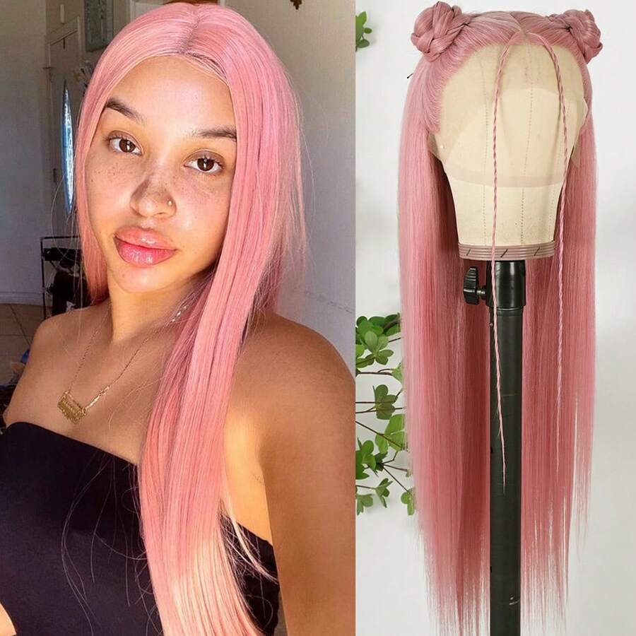 13X4 Free Part Hot Pink Lace Front Wigs Wear And Go Glueless Wig Pre Plucked Hairline Soft Long Straight Hair Wig Magenta Pink Wigs Ready To Wear Wigs Heat Resistant Synthetic Lace Front Wigs For Women For Daily Christmas Party Cosplay Use - Dark Pink - 查看 1