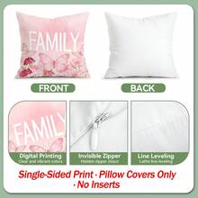 4件套水彩粉色花卉康乃馨爱心文字印花抱枕套，100%涤纶绒面料，单面印花，适用于客厅、沙发、卧室装饰，尺寸：40x40厘米/45x45厘米/50x50厘米，不含枕芯 - 水彩粉紅花卉康乃馨愛心文字圖案插畫 - 查看 3