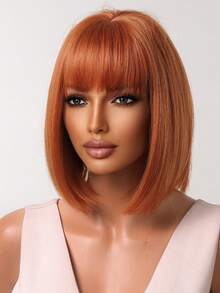 Elegant Orange Women's Stright Wig With Short Bangs High Temperature Fiber Rose Net Cap Versatile Styling - Suitable For Cosplay, Parties, And Music Festivals - 臟橘色 - 查看 6