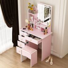 Makeup Vanity Set With Intelligent Touch LED Lighted Mirror, 5 Drawers, 4 Storage Shelves, And Cushioned Stool – Modern Dressing Table With Upgraded Crystal Handles And Smooth Drawer Slides - Pink-with light - 查看 6