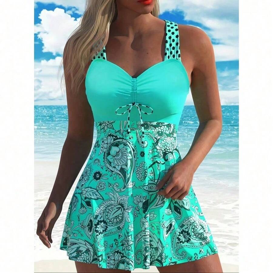 Women's Plant Print V-Neck Swimdress & Bottom Set, Casual Sleeveless Tankini Top & Shorts Two-Piece Swimsuit For Beach Holiday Vacation, Ladies Swimwear For All Seasons, Floral Print Swimsuit - Màu xanh Cadet - Xem 1