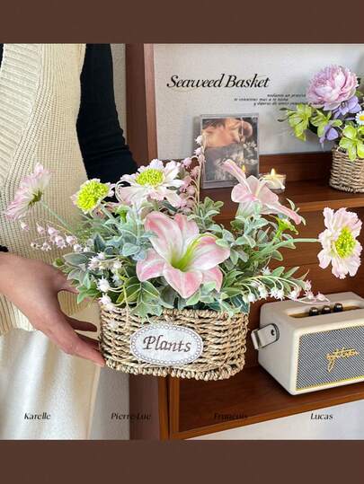 椭圆形草编花盆 - 多肉植物编织盆，草编桌面收纳盆，手工编织藤花盆