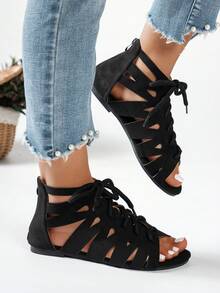 Breezelady Women's Fashion Multi-Design Sandals With Zipper, Drawstring, Hollow-Out, Round Toe, Open Toe, Flat, Strap, Outdoor, Comfortable, Plus Size, Breathable Casual Sandals For Summer And Spring - 黑色 - 查看 6