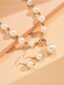 Faux Pearl Decor Necklace And Drop Earrings - white - View 4