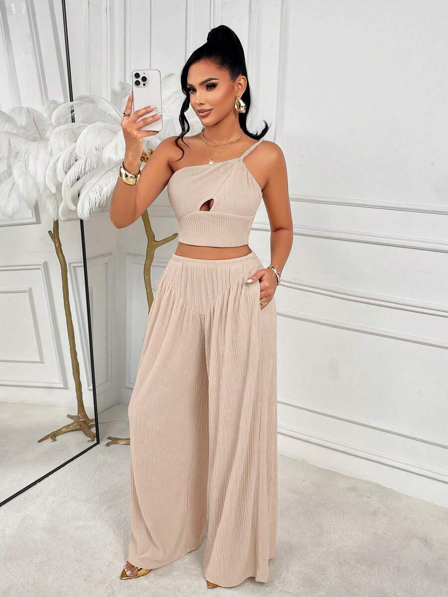 AIJ 女士性感波西米亚风休闲单肩镂空露脐上衣配口袋阔腿裤两件套，中等弹力 - 杏色 - 查看 1