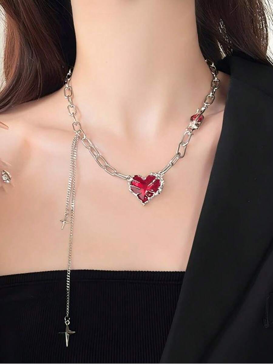 1 件甜美红色爱心流苏项链，饰有鲜艳的红色爱心吊坠和精致的流苏细节，营造出浪漫俏皮的风格，非常适合为日常或约会装扮增添魅力。 - 彩色 - 查看 1