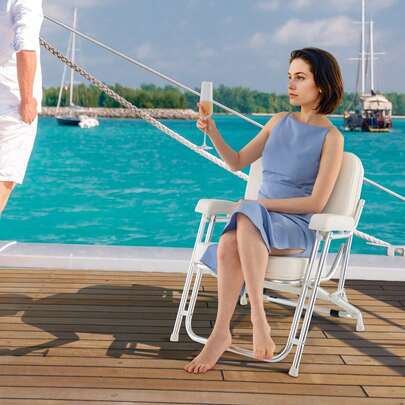  COSTWAY Portable Boat Deck, Aluminum Beach Chair With Cushioned Seat, Comfortable  Armrests, Nonslip Foot Pads, Camping Chair With Foam Padding For Marines, Boats, Yachts,  And Camp, White