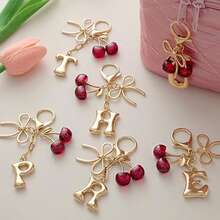 Bow & Cherry Decor Bubble Letter Keychain - Gold Letter Charm Bag Accessory, Cute Handbag Decoration - Red - View 3