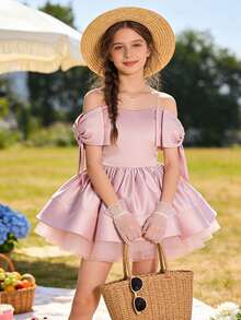 Vestido elegante rosa con lazo para adolescentes, vestido corto para boda, baile de graduación, cumpleaños, fiesta, Pascua, vacaciones - Rosa - Ver 5