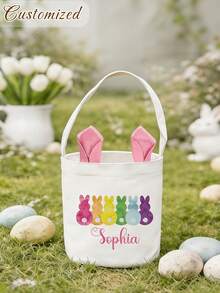 Customized Name Floral Letter Pattern Easter Basket With Bunny Ears, Easter Egg Hunt Basket, Striped Easter Gift Bag, Easter Gifts - Multicolor - View 6