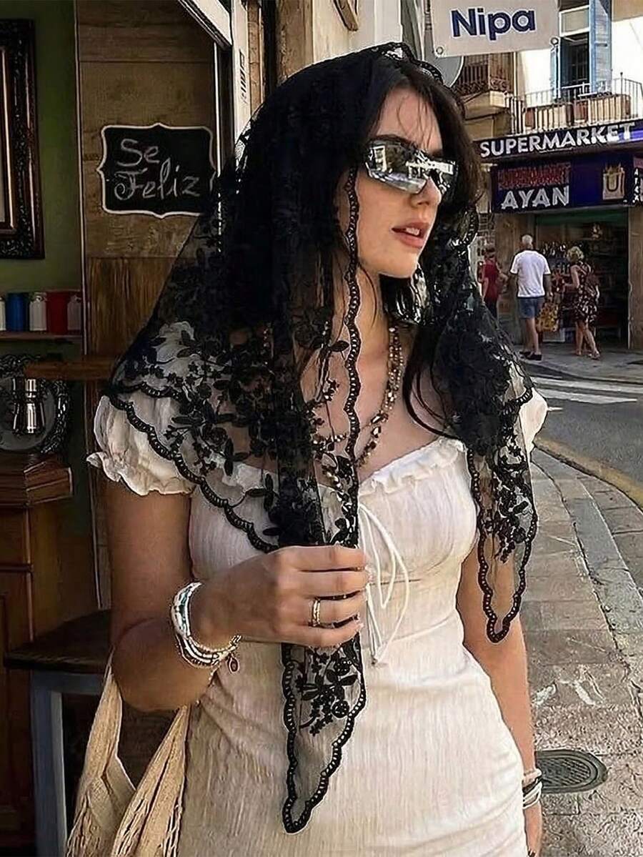 1件装女士纯色优雅蕾丝花卉头巾，奢华波西米亚风头巾/披肩，适合日常佩戴、婚礼、教堂礼拜、正式场合、夏季海滩度假 - 黑色 - 查看 1