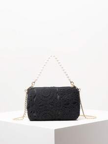 Tas Selempang Motif Bunga dengan Hiasan Mutiara, Tas Tangan Gaya Bohemian, Tas Pantai Musim Panas, Perlengkapan Perjalanan, Dompet Elegan Wanita (Pola Acak) - Hitam - View 2