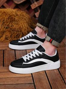 男女通用黑白撞色厚底系带滑板鞋，休闲情侣百搭日常鞋 - 黑色 - 查看 9