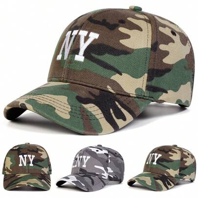 1pc Men's NY Letter Embroidery Camouflage Printed Baseball Cap, Fashionable Adjustable Sun Protection Casual Hat Suitable For Spring, Autumn Outings, Travel, Beach, Party