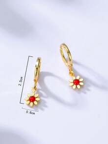 1 Pair Luxury Mini Daisy Hoop Earrings, Accented With Red Center, Delicate & Versatile Earrings For Women - Multicolor - View 5