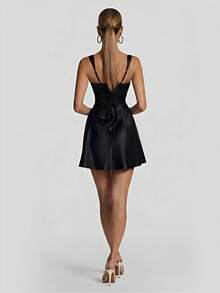 Women's Fashion Tie-Up Sexy Mini Satin Bodycon Ruffle Strap Dress, White Elegant Wedding Party Cocktail Dress - Black - View 4
