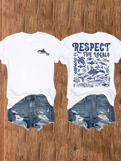 Plus Size 'Respect The Locals' Ocean Life Print T-Shirt, Short Sleeve Round Neck Summer Graphic Tee For Daily Outfits, High Stretch Fabric