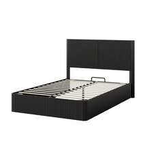 Modern Bed With Grooved Design And Hydraulic Lift System – Large Storage Space, Stable Solid Wood Slats, Easy-Care Surface – 140 X 200 Cm – Black - Black + 140cm*200cm - View 2