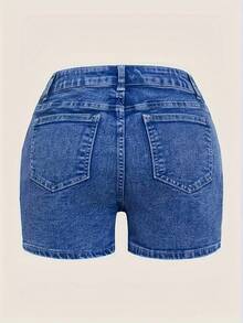 [Stretch Denim Shorts] 1pc Women's Stretch Denim Shorts - Multiple Cargo Pockets & Built-In Zipper, Mid-Stretch Machine-Washable, Casual Athletic Shorts For Spring/Summer, Solid Color Regular Fit, Elegant Design, Gym Shorts, Casual Attire, Durable Fabric, Spring Fashion, MidStretch Material, Fitness Enthusiasts - 寶藍色 - 查看 5