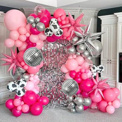 128 st Disco Cowgirl Festdekorationer, Rosa Silver Cowgirl Ballongbåge Girlang Set med Disco Folie Ko Tryckta Ballonger för Möhippa Festdekorationer