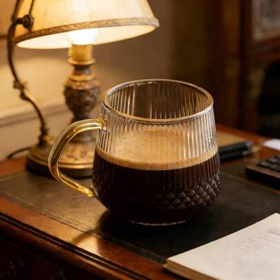 1pc Transparent Striped Glass Coffee Cup, Suitable For Home And Office Use, Can Be Used For Tea, Water, And Heating Up For Coffee, Milk Or Breakfast Cup