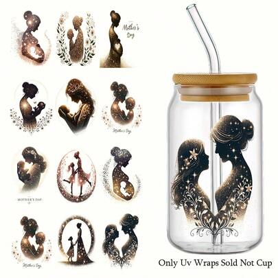 Bộ 4 miếng dán chuyển nhiệt UV tự dính chống thấm nước chủ đề Ngày của Mẹ - Dùng cho cốc, chai, laptop - Hiệu ứng mờ, PVC, chống thấm nước, quà tặng Ngày của Mẹ