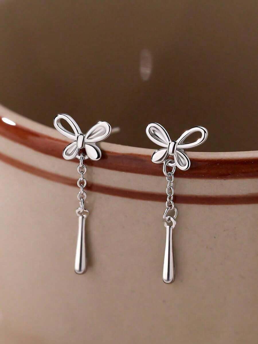Of Stylish And Elegant Bow Tassel Drop Sterling Silver Earrings For Women, Cute Earrings, Exquisite Jewelry, Birthday Gifts, Daily Wear - 銀色 - 查看 1
