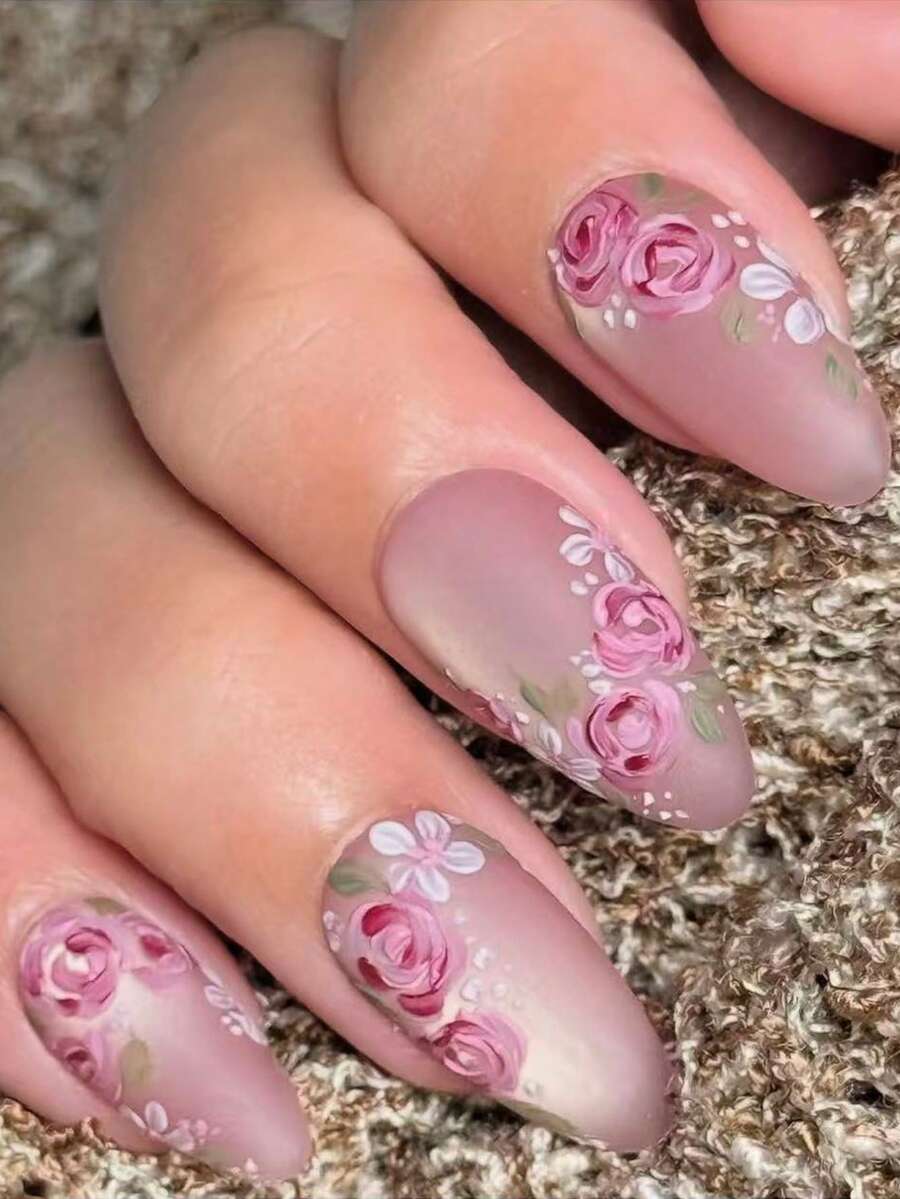 提升您的整体造型，24片装中杏仁形全覆盖哑光猫眼假指甲，花卉灵感设计：粉色和紫色指甲，简约、浪漫、时尚的美甲贴片 - 西瓜粉 - 查看 1