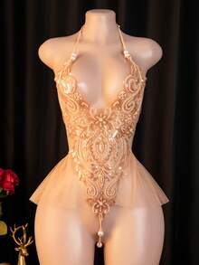 Lace Floral Bodysuit Dress For Women, Featuring A Playful Backless Design With Spaghetti Straps, Perfect For A Glamorous Date Night, Party, Club Outing, Or Cosplay - 金色 - 查看 3
