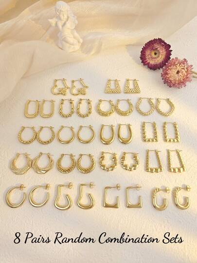 8 Pairs Random Assorted Women's Earrings Set, Gold Tone Earring Jewelry, Stainless Steel Asymmetrical Geometric Half Circle, Round, Teardrop Earrings, Vintage Jewelry, Summer Beach Swimwear Accessories, Attractive Outfit Decor, Wedding Dress Accessories - Multipurpose Jewelry Suitable For Swimming, Bathing, Workout, Perfect For Valentine's Day, Birthday