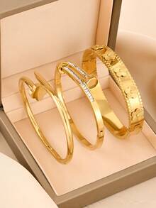 3 件/套 18K 金色金属四叶花和三叶草不锈钢手链，多层镶嵌水钻手镯，适合日常佩戴、休闲、送给爱人、朋友、亲戚、派对、海滩、婚礼、音乐节的礼物 - 金色 - 查看 1