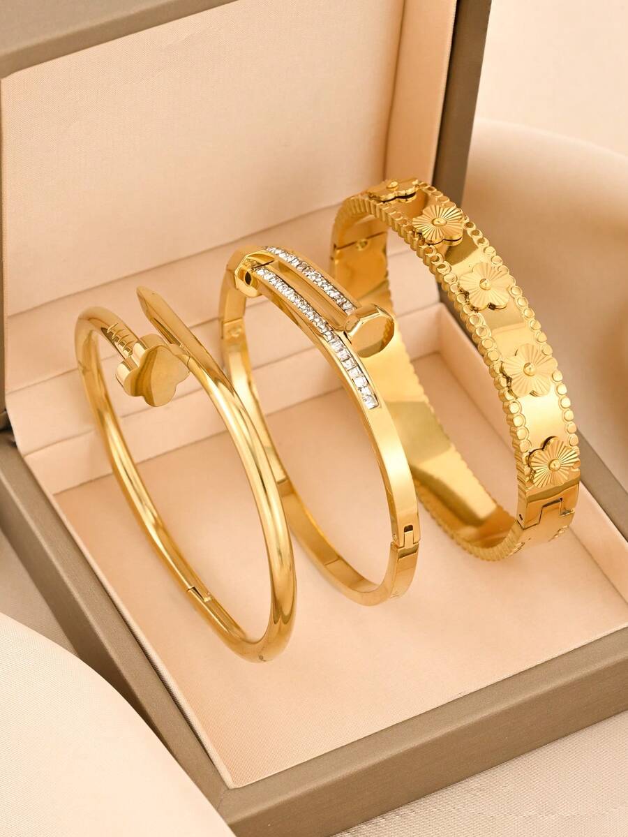 3 件/套 18K 金色金属四叶花和三叶草不锈钢手链，多层镶嵌水钻手镯，适合日常佩戴、休闲、送给爱人、朋友、亲戚、派对、海滩、婚礼、音乐节的礼物 - 金色 - 查看 1