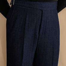 Men'S Trousers Retro Tweed Blend Pants Patterned Striped Slim Fit Gathered Front Vent Pants - 海軍藍 - 查看 3