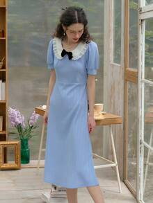 Simple Retro Đầm nữ kiểu búp bê phối màu thắt nơ, phong cách nghỉ mát - Màu xanh lam - Xem 7