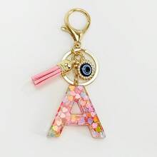 1个新款粉色26个英文字母钥匙扣，带邪眼流苏吊坠，可作钥匙链或包包挂饰 - 彩色 - 查看 3