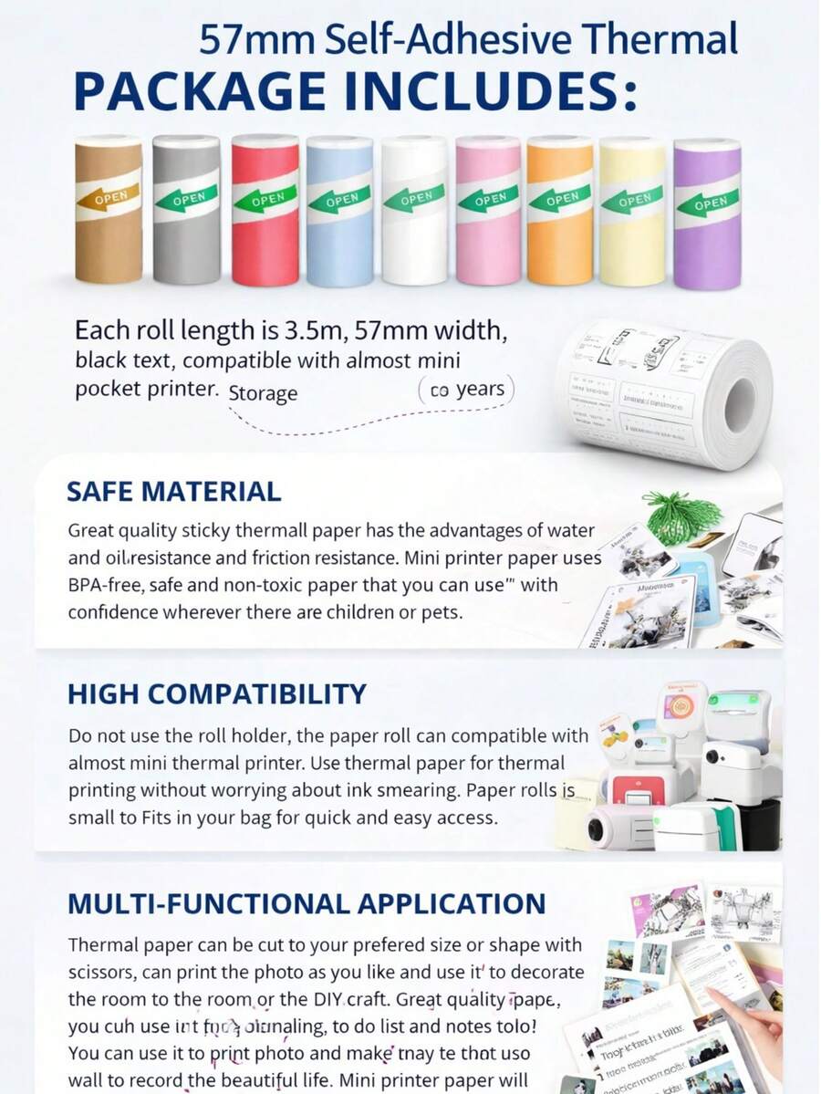 Mini Thermal Printer Sticker Paper, Colored Thermal Sticker Paper Instant Camera Refill Print Paper, HD Thermal Paper For Most Instant Camera