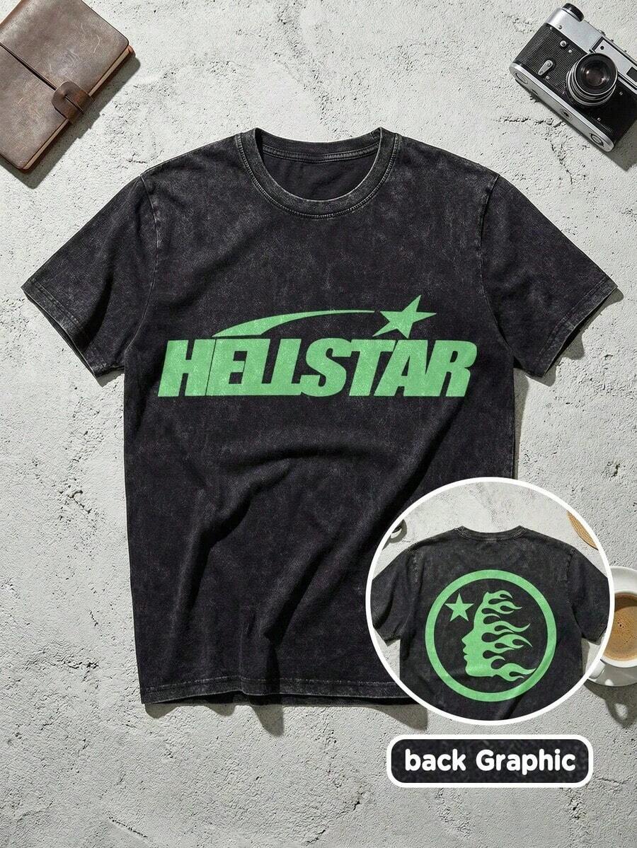 Blue Shooting Star Logo Graphic Tee Unisex Couple Matching Boyfriend Style Hell Star Double Sided Print Electric Color Y2K Aesthetic Acid Washed Cotton Graphic Tees Men Oversized T Shirt Summer Outfits Camisetas Para Hombre,Mens Clothes,Graphic Tee,Summer Clothes,Summer Tops,Easter Outfits,Spring Clothes ,Shirts - 黑4 - 查看 1