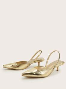 Women's Solid Color Kitten Heel Shoes, Elegant Pointed Toe High Heels, Fashionable Ankle Strap Open Toe High Heels - Gold - View 4