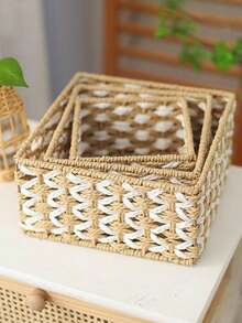 1pc Handwoven Storage Basket, Multipurpose Desktop Organizer Box, Living Room Storage Bin, Can Store Snacks, Toys, Keys And Small Items, Bohemian Geometric Woven Basket, Wooden Rattan Planter Stand, Mixed Natural Rope Decor, Creates Coastal Ambiance. - square - View 10
